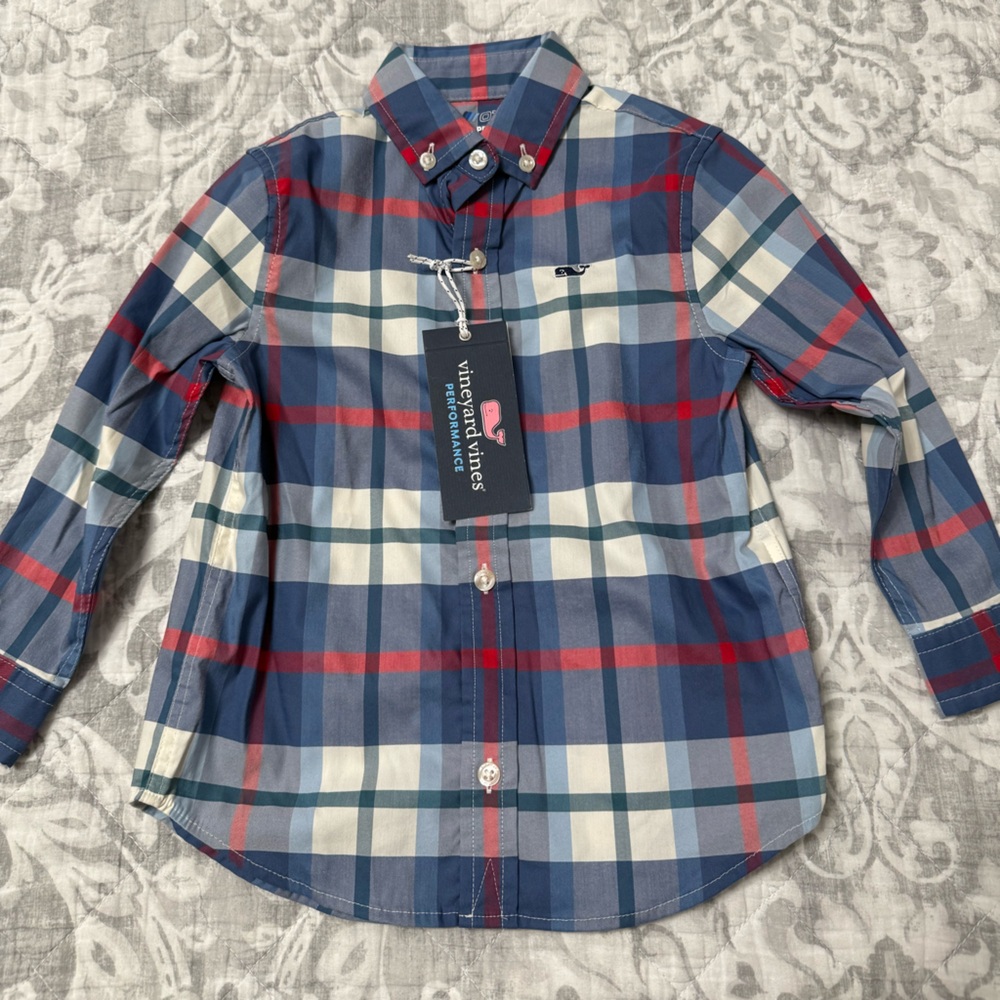 Vineyard Vines Performance Plaid long sleeve Shirt in Blue and Red